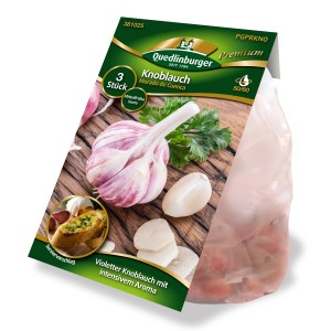 Quedlinburger Knoblauch 'Morado' Rot, violette Knoblauchzehen in Verpackung.