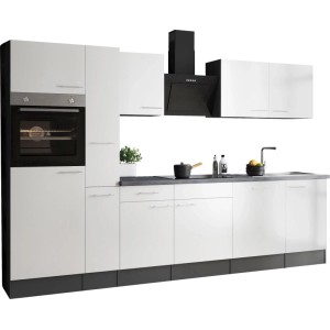 Weiße Respekta Küchenzeile Oliver, 310 cm breit, mit Elektrogeräten und Arbeitsplatte in Granitoptik.