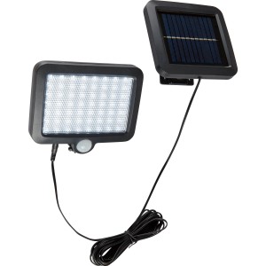 Schwarzer Solar-LED-Außenstrahler mit PIR-Sensor und externem Solarpanel, 15x2,5x13cm.
