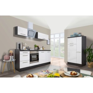 Respekta Premium Küchenzeile 310 cm in Weiß Hochglanz und Eiche Grau mit E-Geräten.