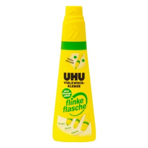 Gelbe UHU Flinke Flasche Vielzweckkleber, lösungsmittelfrei, 100g.