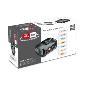 Bosch Akku Starter-Set 18V mit 2,5 Ah Akku und Ladegerät in Verpackung.
