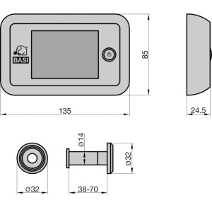 Basi Digitaler Türspion TS 700: Technische Zeichnung mit Maßen für 3,5 Zoll Display und Türstärken 38-70 mm.