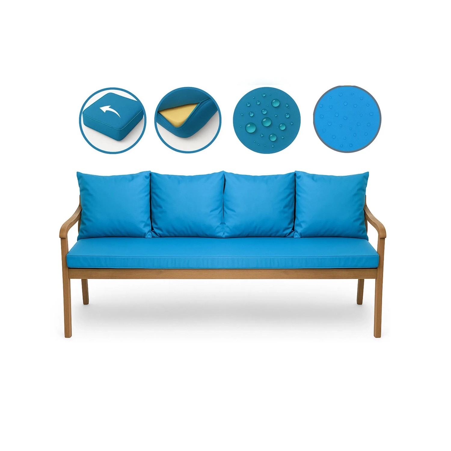 Blaues Setgarden Bankkissen-Set für 3-Sitzer Gartenbank, wasserabweisend, mit abnehmbaren Bezügen.
