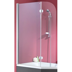 2-teiliger Echtglas Badewannenaufsatz (1400x800/340mm) mit Chrom-Profil und Duschkopf an Badewanne.