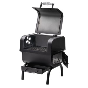 Schwarzer, tragbarer Char-Broil Holzkohlegrill Charcoal 2Go mit offenem Deckel und verstellbarem Lufteinlass.