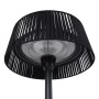 Schwarzer freistehender Terrassenheizer mit Lamellenschirm und Halogen-Heizelement. Ideal für Terrassen.