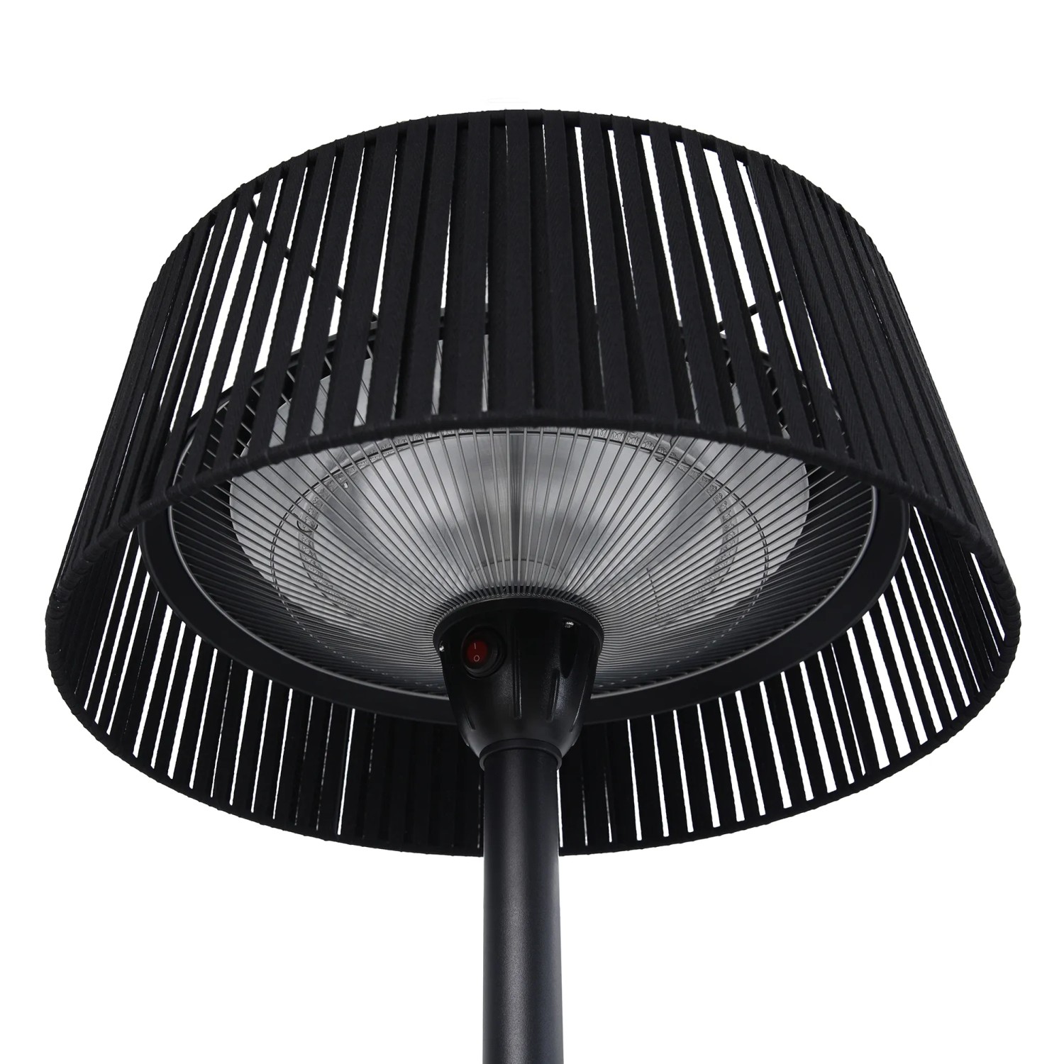Schwarzer freistehender Terrassenheizer mit Lamellenschirm und Halogen-Heizelement. Ideal für Terrassen.