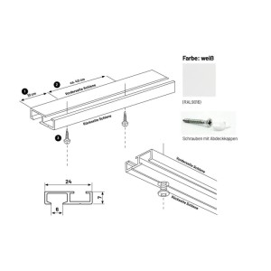 Weiße 1-Lauf Gardinenschiene für Deckenmontage. Technische Zeichnung mit Maßen, Profil und Befestigungsschrauben.