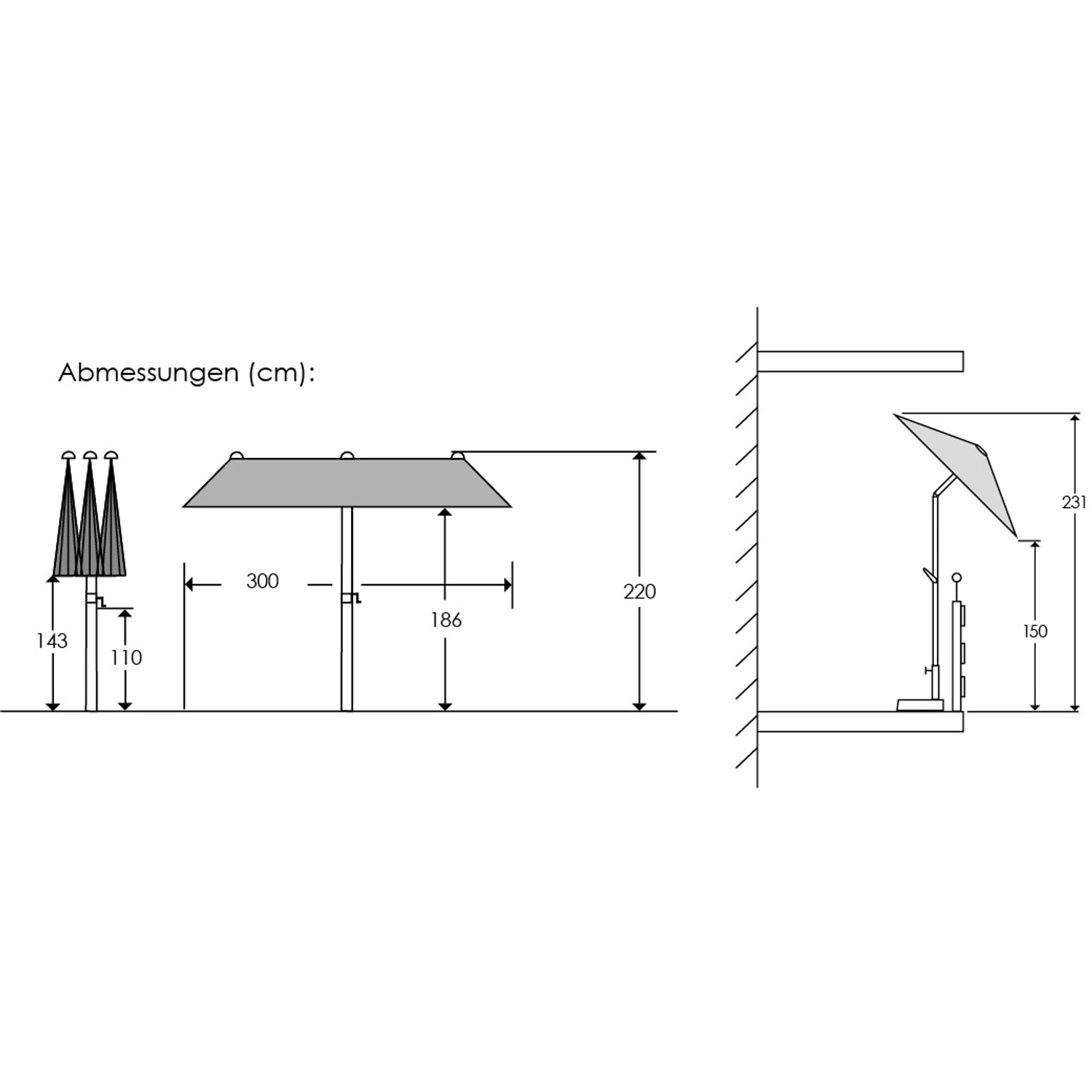 Skizze: Schneider Marktschirm Silbergrau mit Maßen, geschlossen und geöffnet mit Knickfunktion.