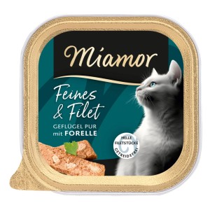Miamor Katzen-Nassfutter Geflügel & Forelle, 100g Schale. Getreidefreies Alleinfutter mit hellen Filetstücken.