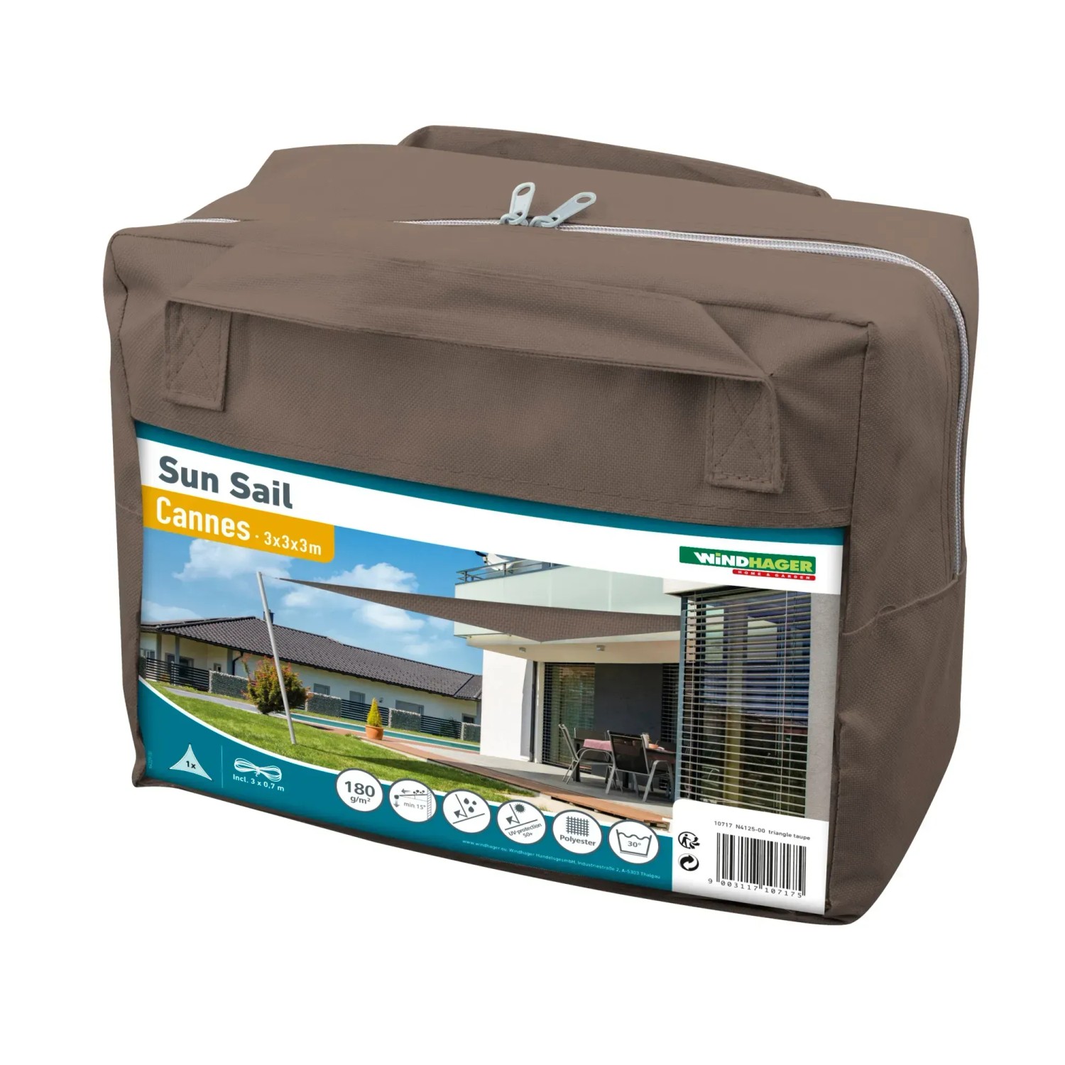 Verpacktes, taupefarbenes Segel Cannes DR 3 x 3 x 3 m Sonnensegel von OBI.