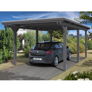Skan Holz Carport Emsland, schiefergrau, mit Auto. Einzelcarport mit Alu-Dachplatten.