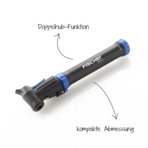 Fischer Mini-Pumpe, schwarz-blau, mit Doppelhub für Fahrradreifen und Bälle.