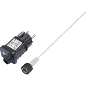 Schwarzes Netzteil mit Eurostecker und weißem Anschlusskabel für LED Geschenkboxen Weihnachtsfiguren Außenbeleuchtung.