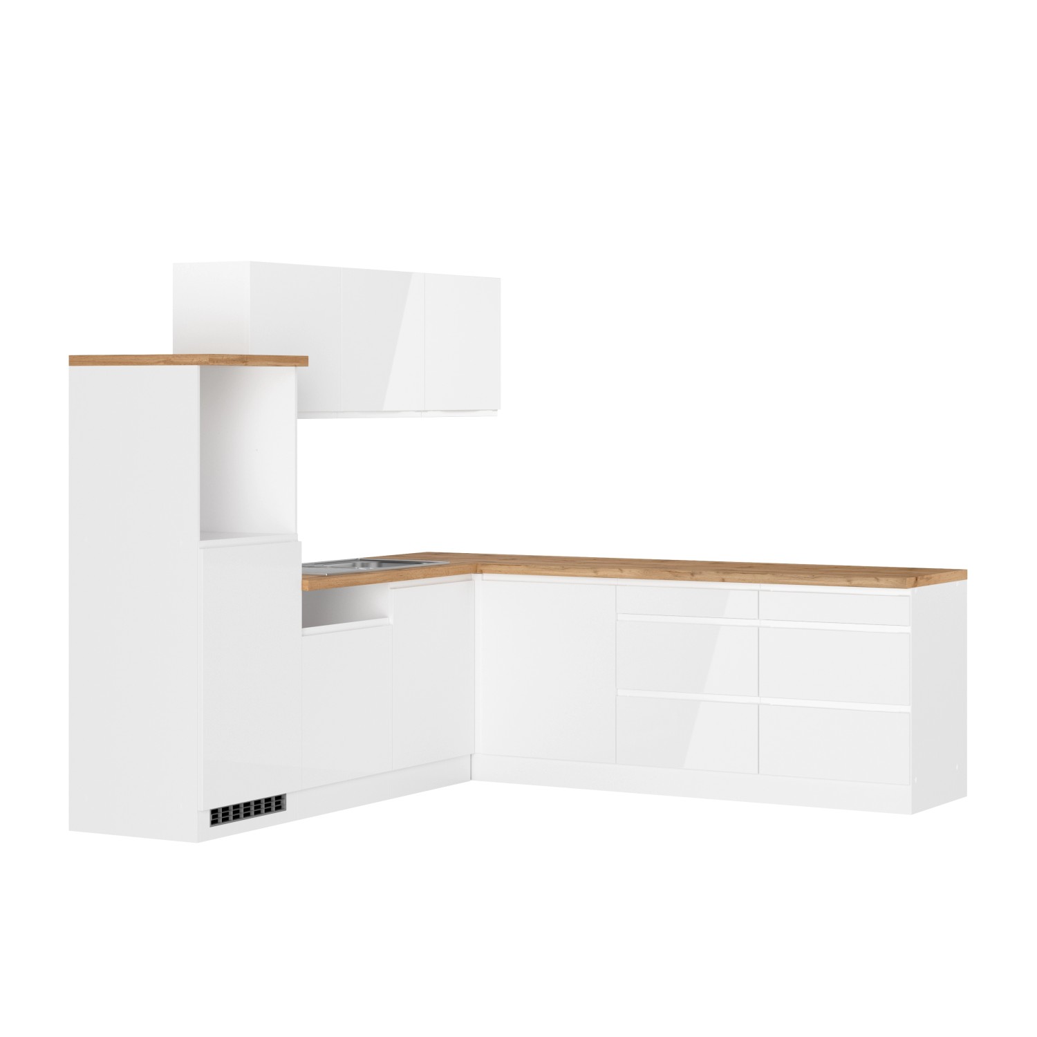 Weiße Held Winkelküche Gera (240 cm) mit Wotan Arbeitsplatte, ohne E-Geräte.