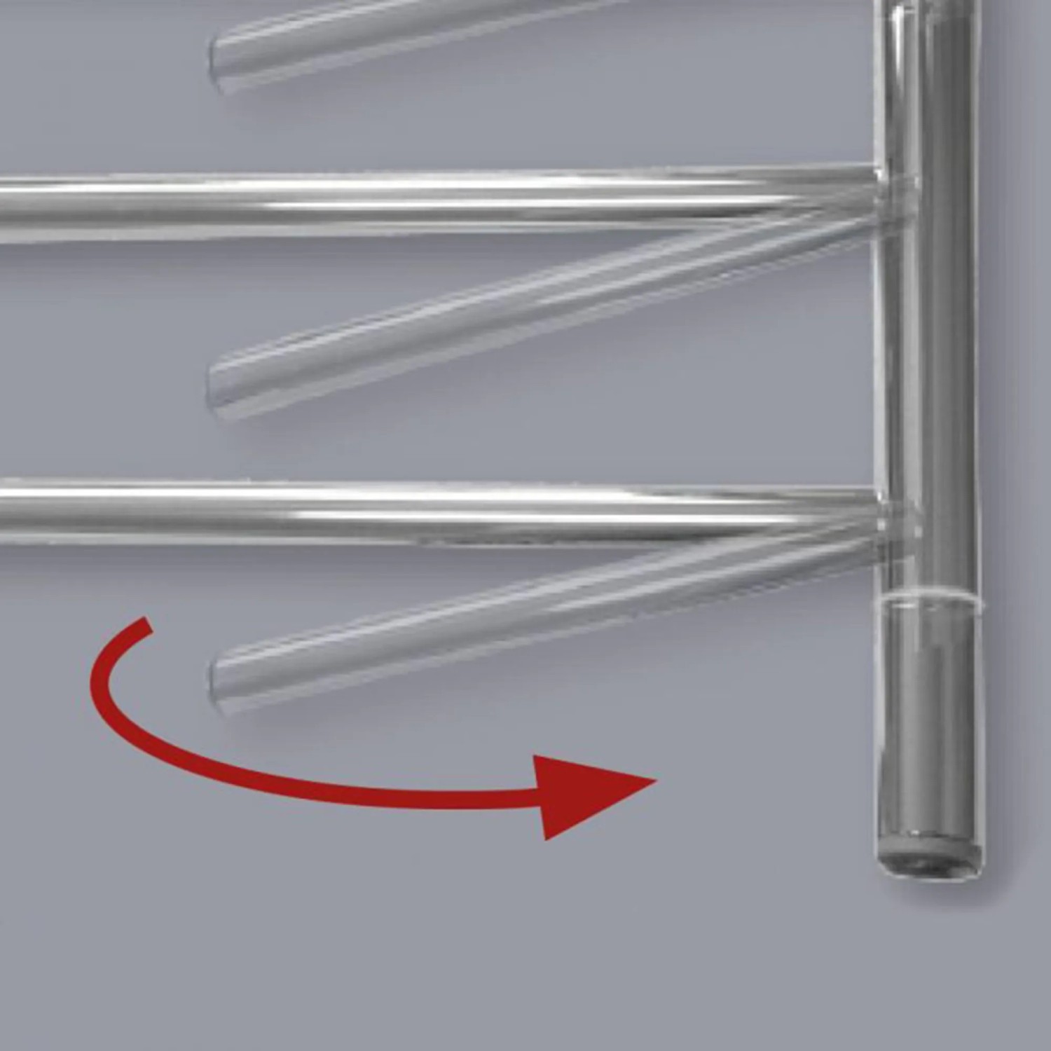 Detailaufnahme: Schwenkbare Rohre des Nordholm Designheizkörpers Shift aus Edelstahl.