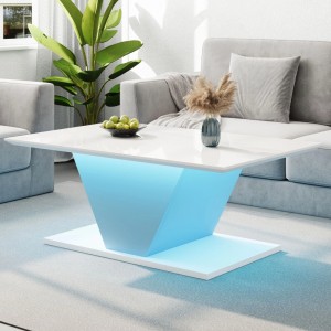 okwish Couchtisch mit LED Sonderform V-Form 100x50x46cm Hochglanz Weiß