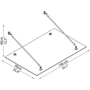Technische Zeichnung: Silbernes Palram Canopia Taurus Glasvordach 0.9 x 1.4 m mit Maßen.