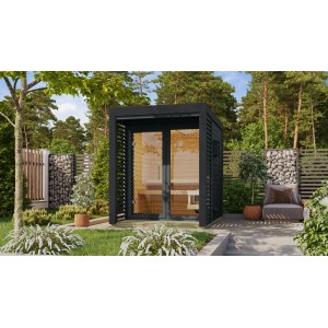 Karibu Saunahaus Seros 1 in Anthrazit, 191x276 cm, mit Glastür und Bänken im Innenraum.
