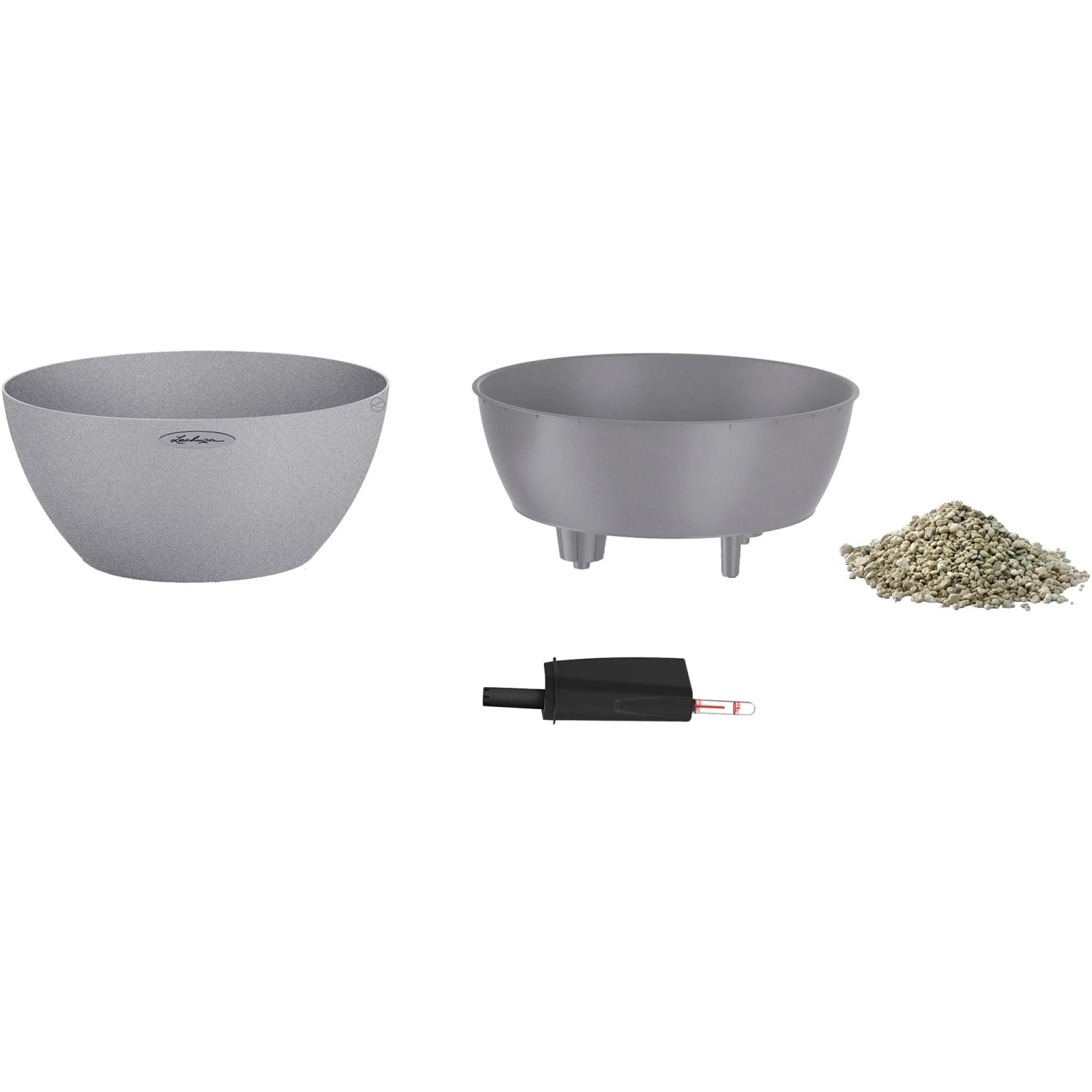 Lechuza Cubeto Stone 40 Pflanzgefäß, steingrau, Ø 40 cm, mit Bewässerungssystem und Zubehör.