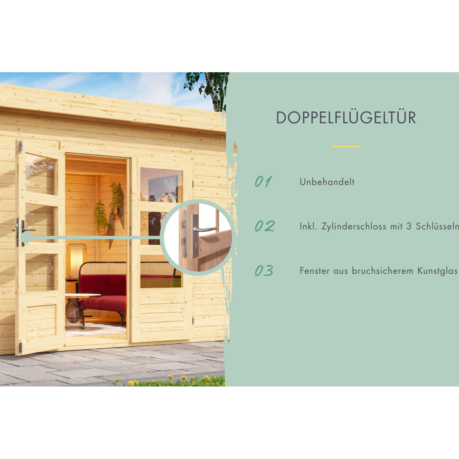 Karibu Holz-Gartenhaus Tessin 1 mit Doppeltür und Fenstern aus Kunstglas, naturbelassen.