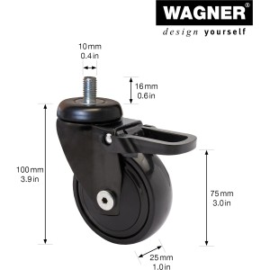 Schwarze Wagner Möbel-Lenkrolle 3C mit Soft-Lauffläche, Kugellager und Feststeller, Ø 75 mm.