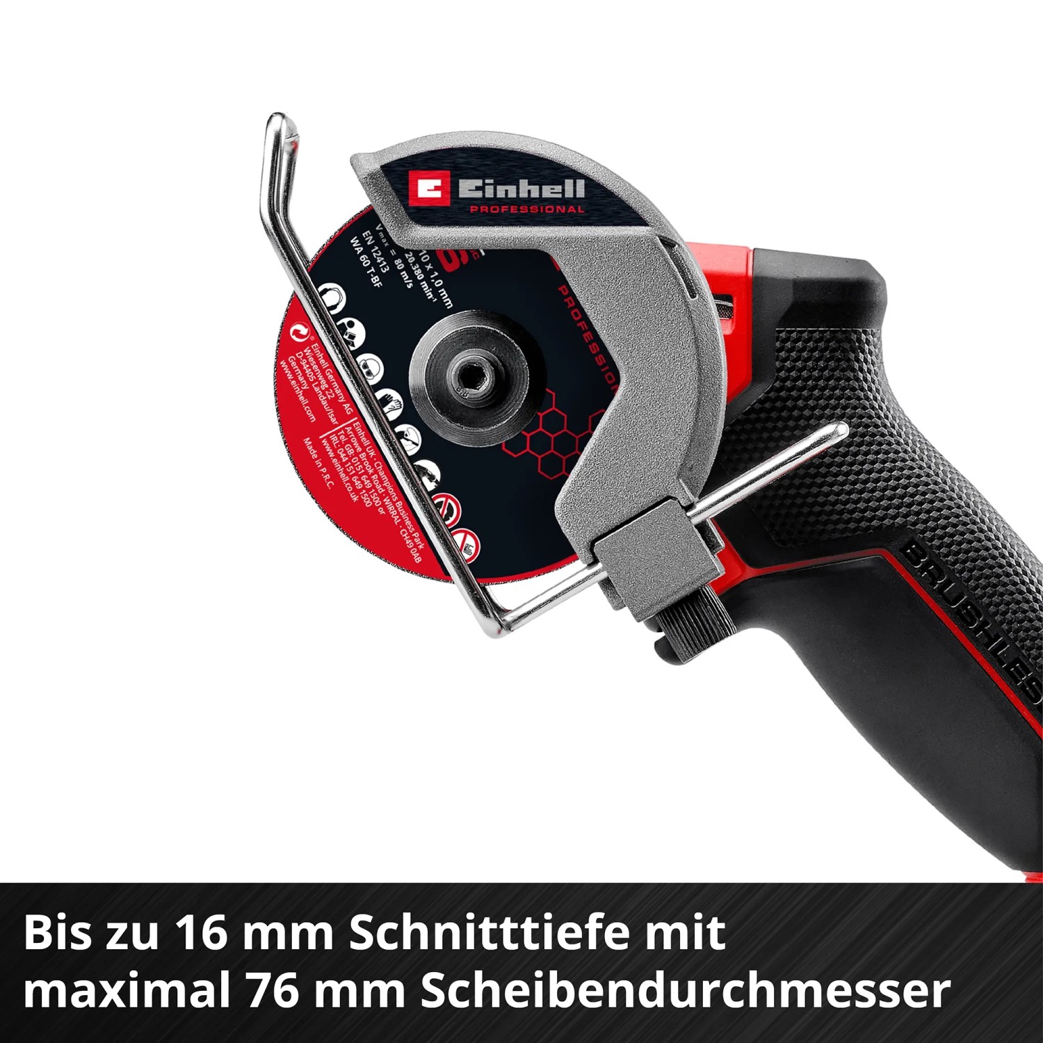 Einhell Akku-Trennschleifer TP-CO 18/76-C (Rot-Schwarz) mit Trennscheibe.