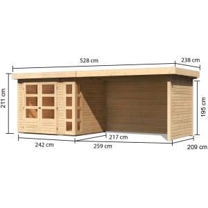 Karibu Holz-Gartenhaus Sölve, unbehandelt, mit Flachdach und Maßangaben.