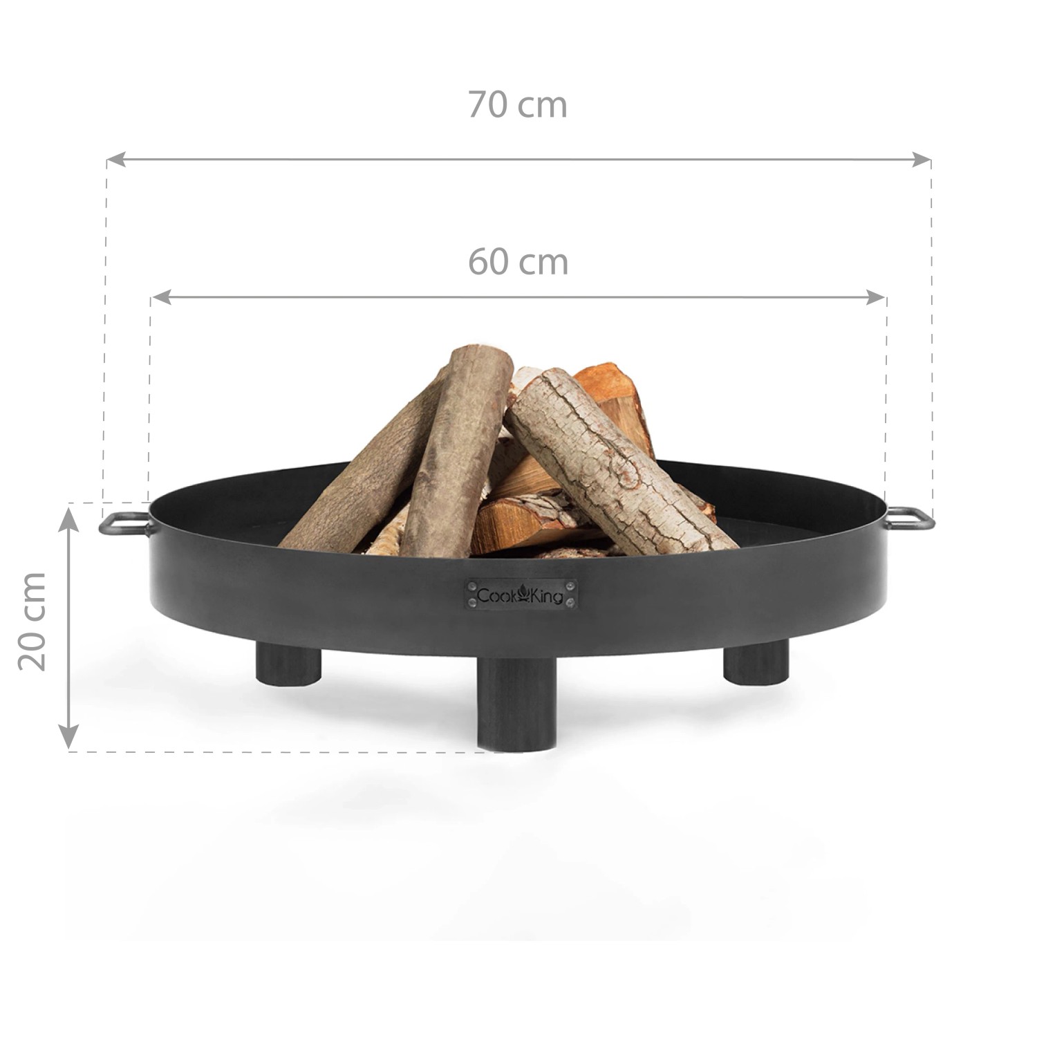 Schwarze CookKing Feuerschale Tunis, Ø 60 cm, aus Stahl mit Holzscheiten. Feuerstelle für Garten und Terrasse.