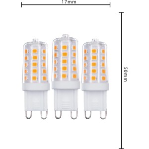 Drei G9 LED Leuchtmittel, 3,5 W, warmweiß, für energiesparende Beleuchtung.
