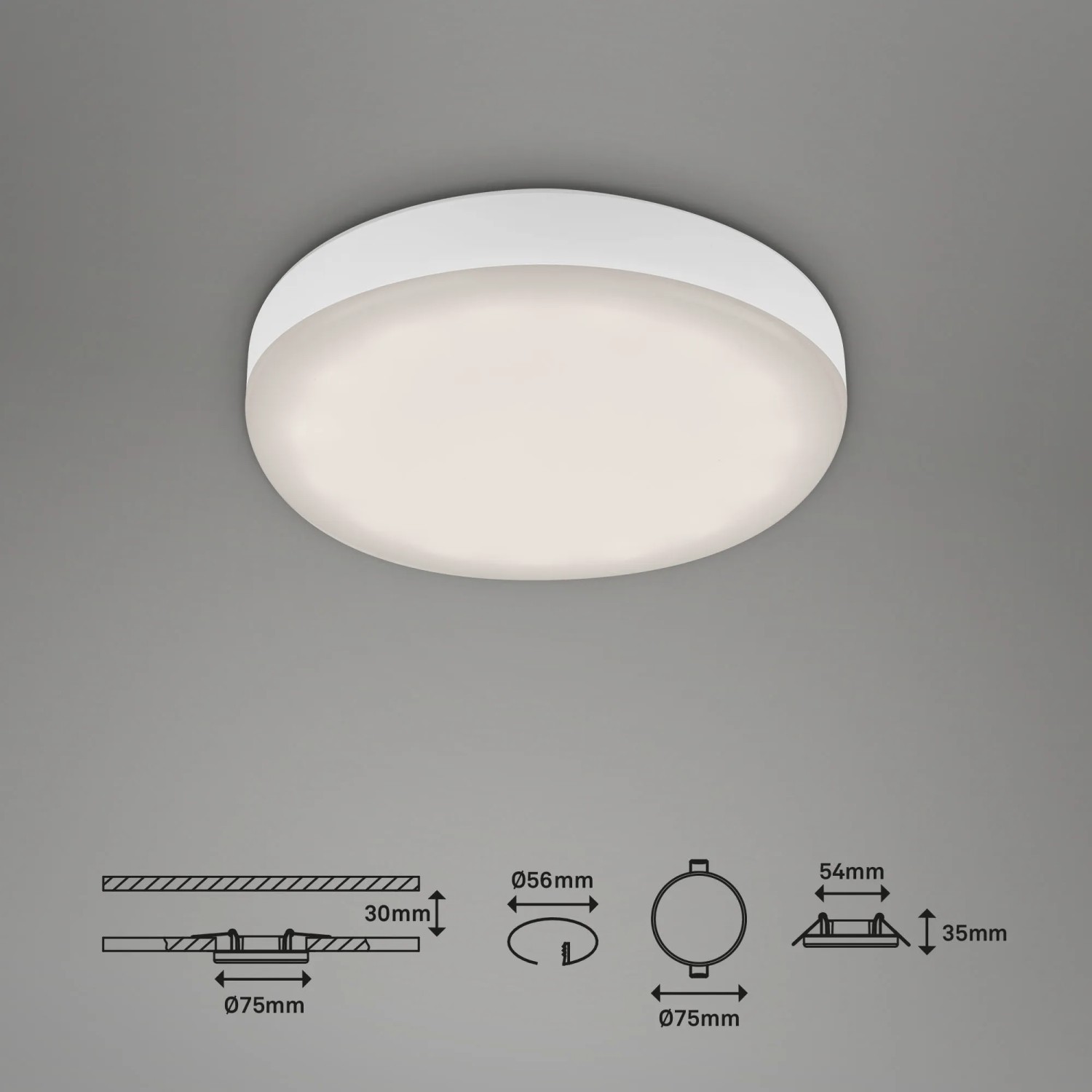 Weißer Briloner LED-Einbaustrahler Plat, 1er-Set, Ø 7,5 cm, neutralweißes Licht.