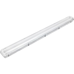 Graue Feuchtraumleuchte mit zwei Leuchtstoffröhren (je 36W) für Bad, Keller oder Garage.