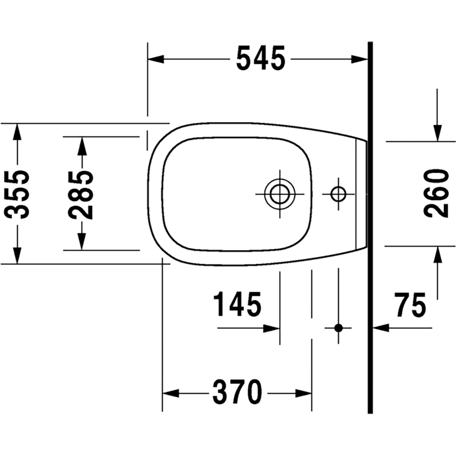 Technische Zeichnung des Duravit D-Code Wand-Bidets mit Maßen für Installation und Planung.