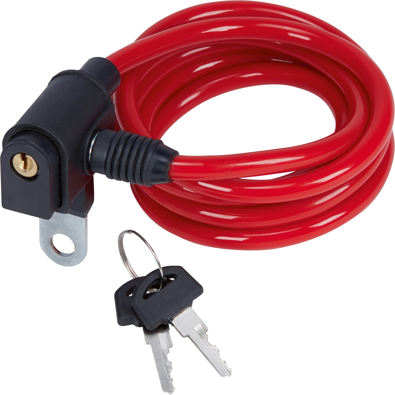 Rotes Kabelschloss 150 cm mit Schlüssel und Halterung für Fahrräder.