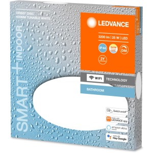 Verpackung der Ledvance Smart+ WiFi Bad-Deckenleuchte Orbis Disc 40 cm, dimmbar und farbsteuerbar.