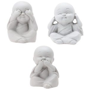 3er Set Buddha Statuen aus Beton, 7,5 cm hoch. Dekorative Figuren mit den Motiven: Sieh, hör und sprich kein Übel.