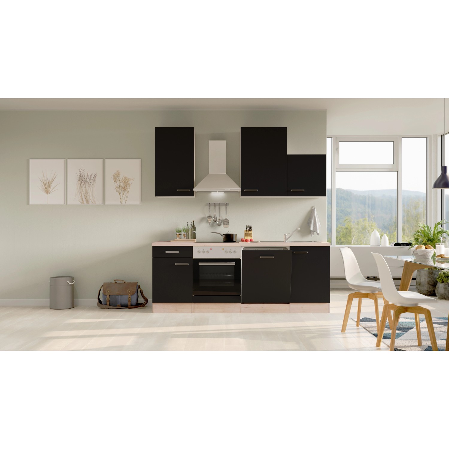 Flex-Well Küchenzeile Lara, 220 cm, Anthrazit/San Remo Eiche Dekor mit E-Geräten.