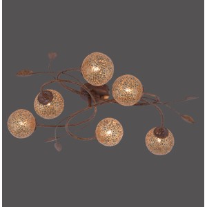 Paul Neuhaus Deckenleuchte Greta, 6-flammig, Rostfarben mit goldenen Leuchtkugeln.