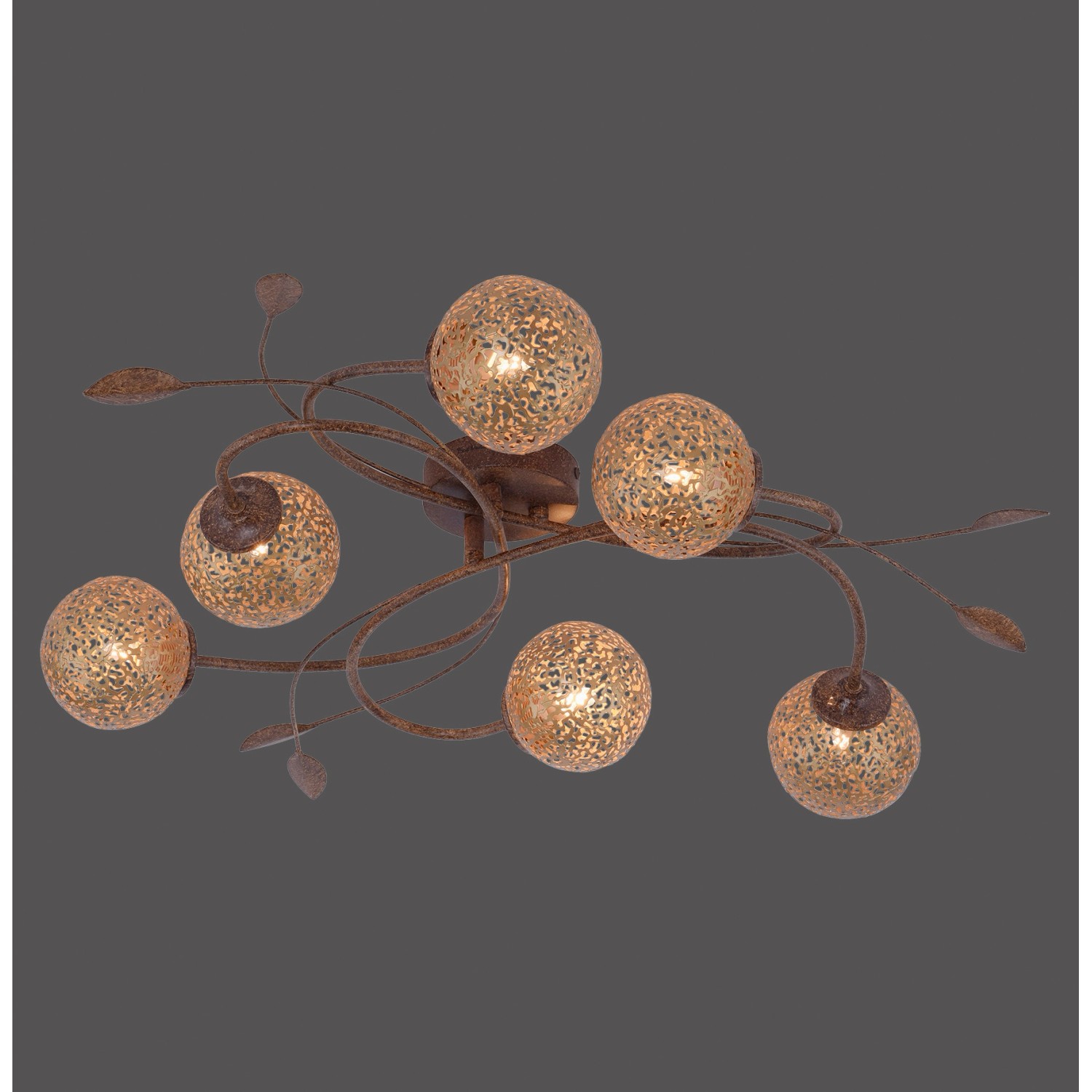 Paul Neuhaus Deckenleuchte Greta, 6-flammig, Rostfarben mit goldenen Leuchtkugeln.