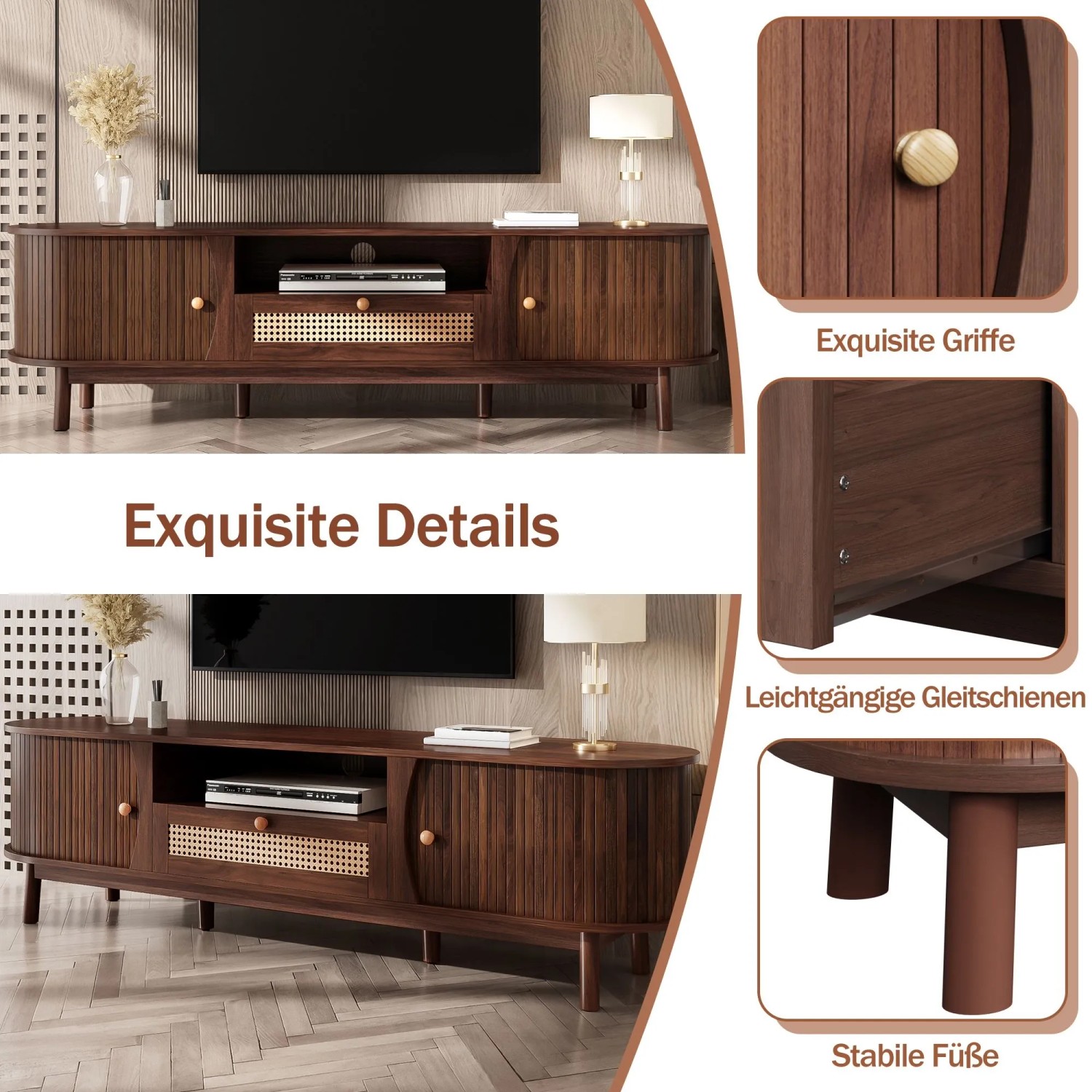 okwish TV Schrank mit Türen Schubladen Rattan Massivholz Stauraum 165x37x46cm Braun_7