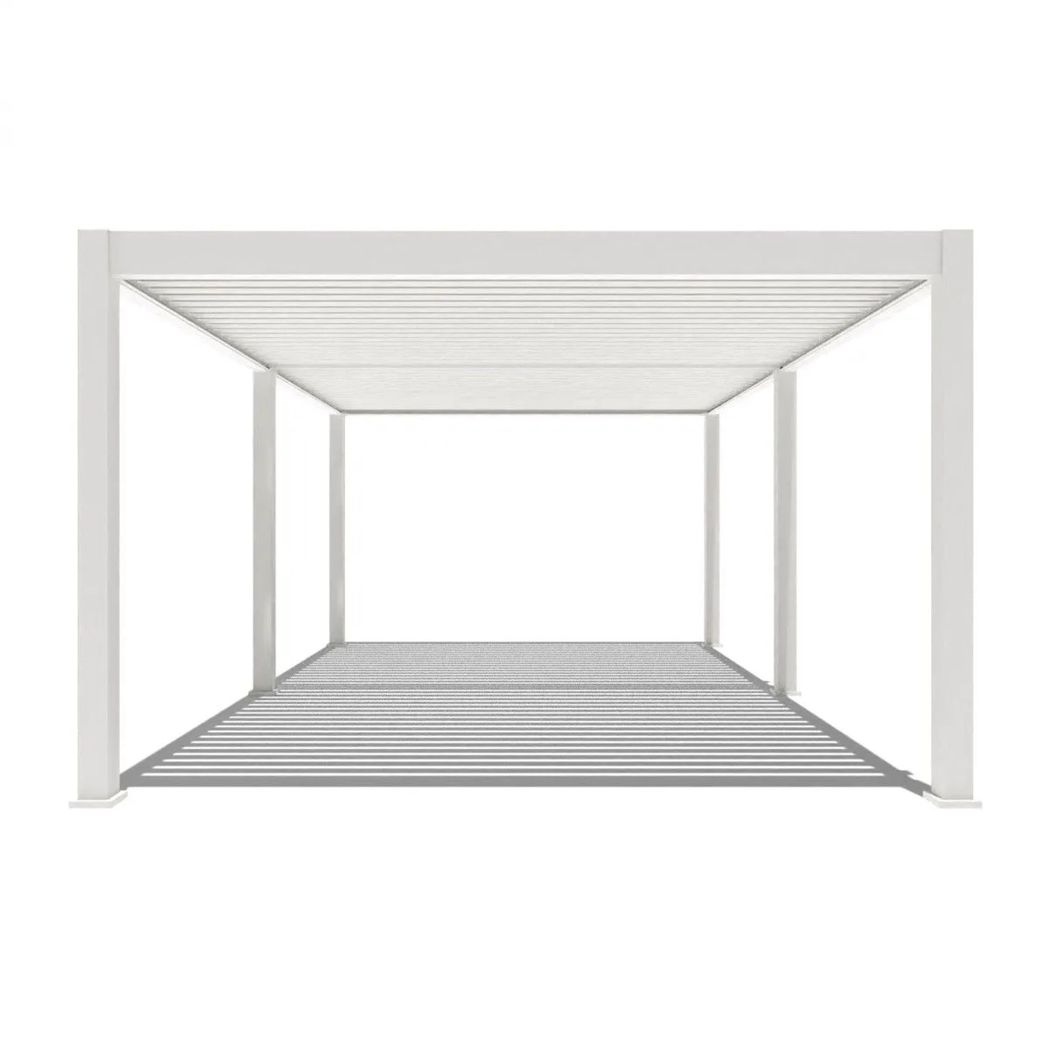Weißer Aluminium Pavillon mit geschlossenem elektrischem Lamellendach. Moderne Terrassenüberdachung 4x6m.