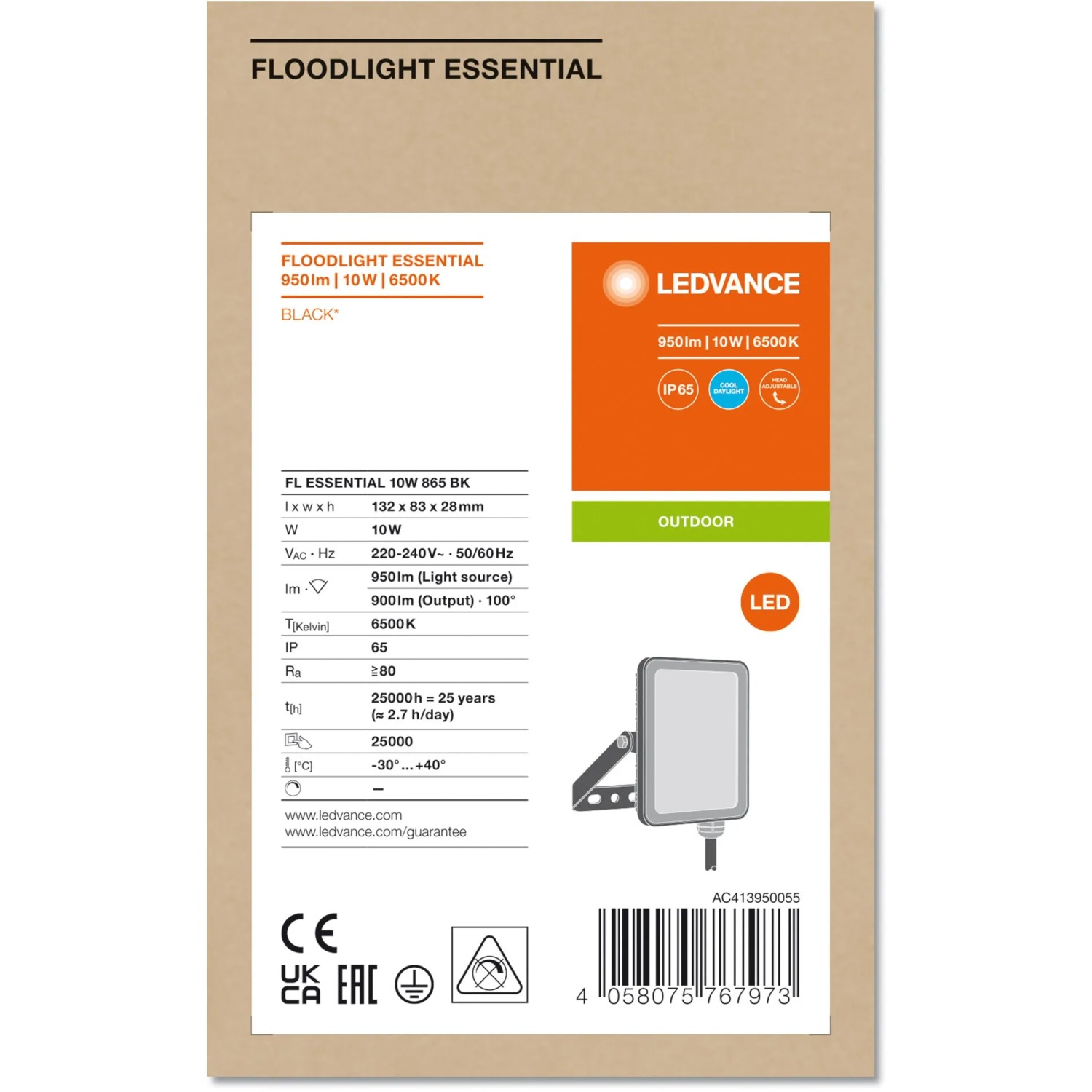 Ledvance Floodlight Essential 10W, schwarzer LED Außenstrahler für Fassaden und Außenbereiche.