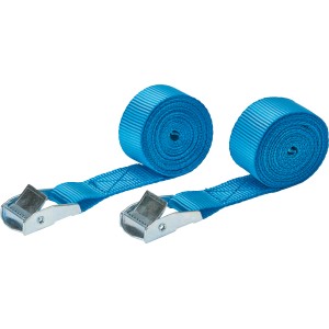 2 blaue Spanngurte mit Klemmverschluss, aufgerollt. Ideal für Reise & Transport.