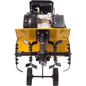 Texas Lilli340TG Benzin-Motorhacke, gelb und schwarz, mit Hackmessern und Rädern.