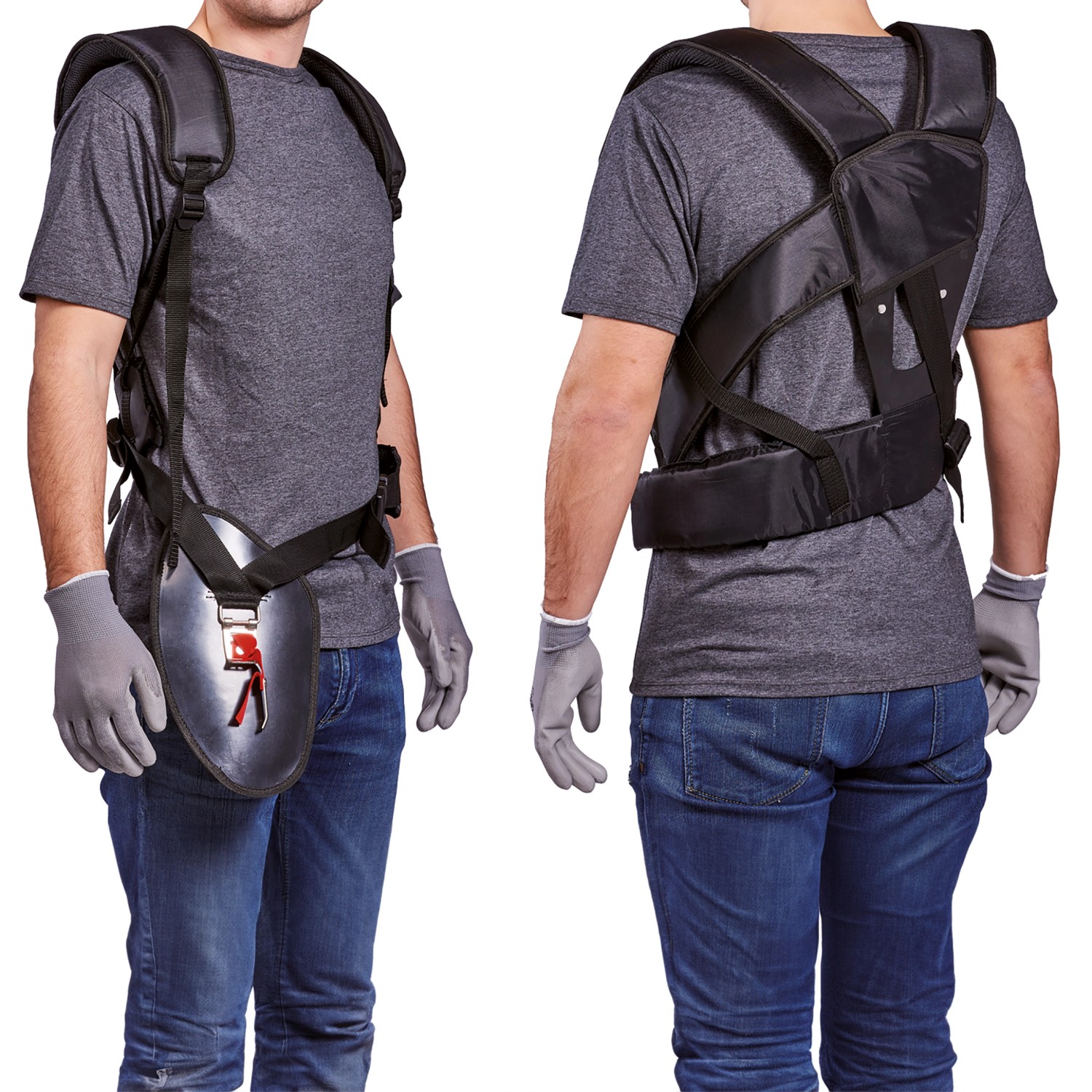 Einhell Akku-Sense Agillo: Tragegurt mit Schulterpolstern und Hüftgurt für komfortables Arbeiten im Garten.