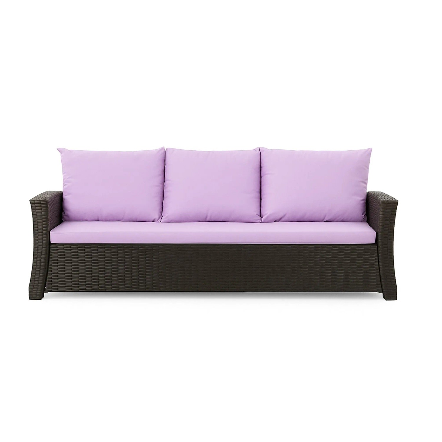 Lila Gartenkissen Set für Polyrattan 3-Sitzer Sofa, bestehend aus Sitz- und Rückenkissen.