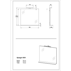 Technische Zeichnung: Germania Spiegel 6004-625 Eiche, 76x75x15cm, mit LED und Ablage, Maße in mm.