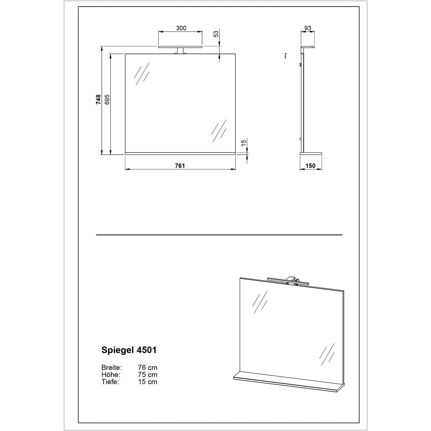 Technische Zeichnung: Germania Spiegel 6004-625 Eiche, 76x75x15cm, mit LED und Ablage, Maße in mm.