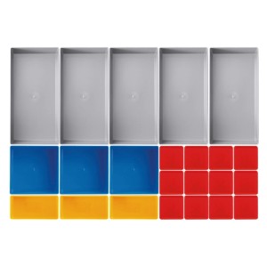 23-teiliges Einsatzbox Set: 5 graue Boxen, blaue, gelbe, rote Einsätze zur Kleinteile-Organisation.